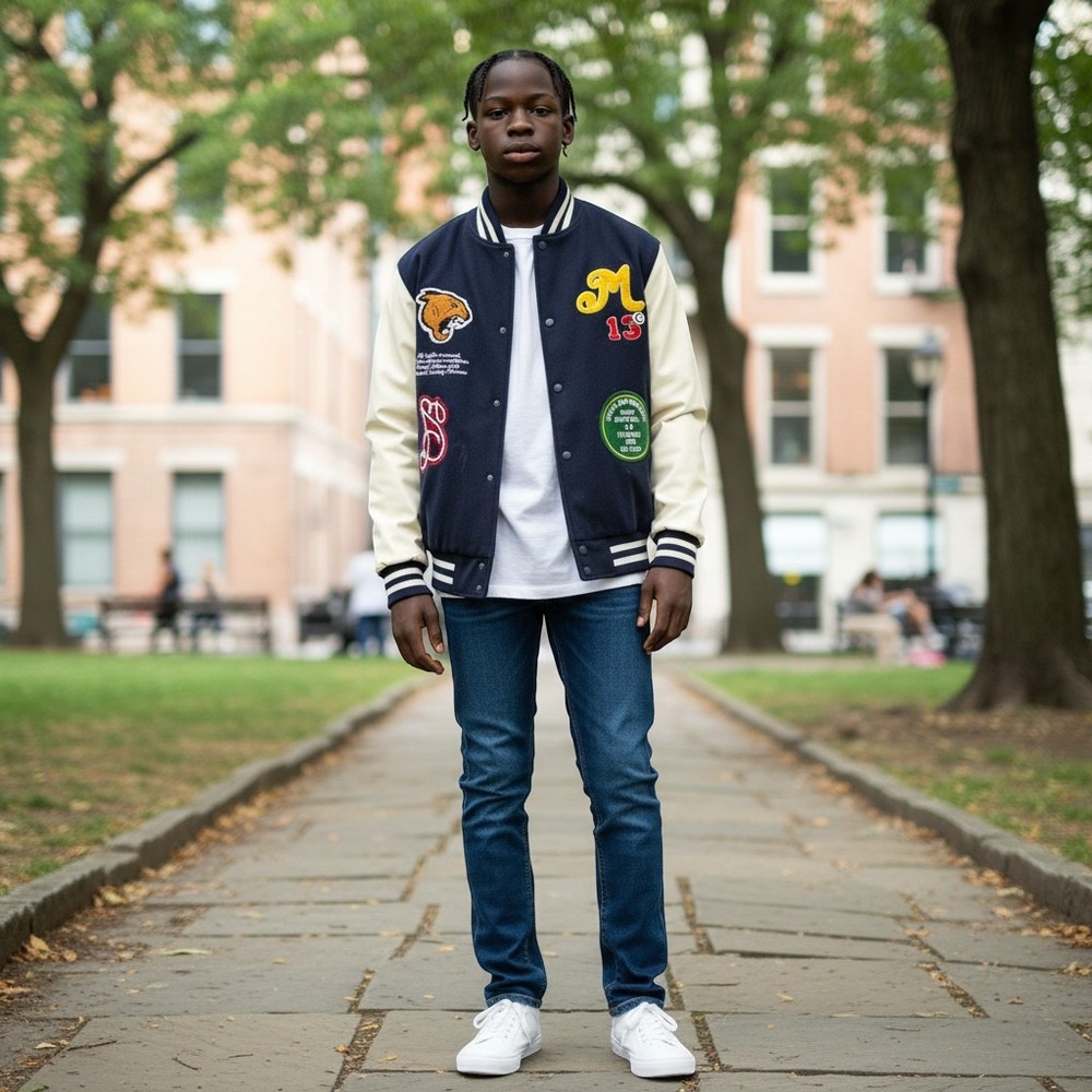 BoohooMAN Mens Small Navy Cream Varsity Bomber Jacket Quilted‎ Leather Sleeves